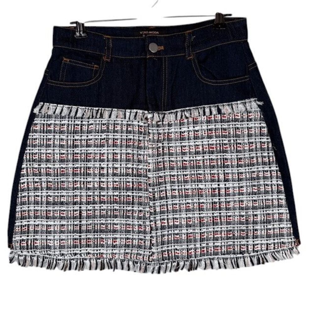 Vero Moda‎ Denim and Tweed Mini Skirt Red White and Blue Fringe Hem Size Small